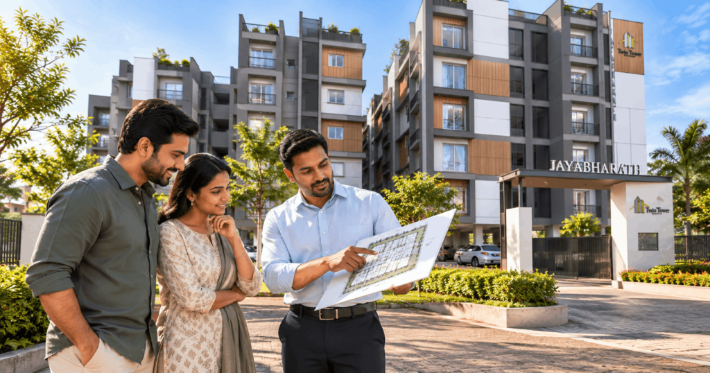 Home buyers discussing a residential project with a property developer in Madurai