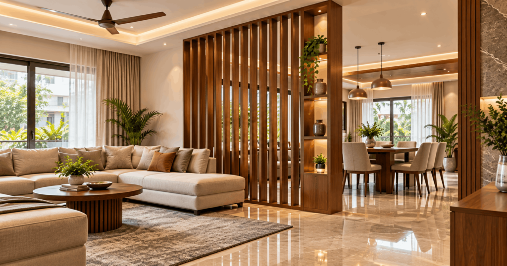 Modern wooden slat hall partition separating living and dining areas in a Madurai home
