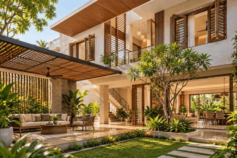 Climate-responsive villa ventilation design with shaded windows and courtyard in Madurai