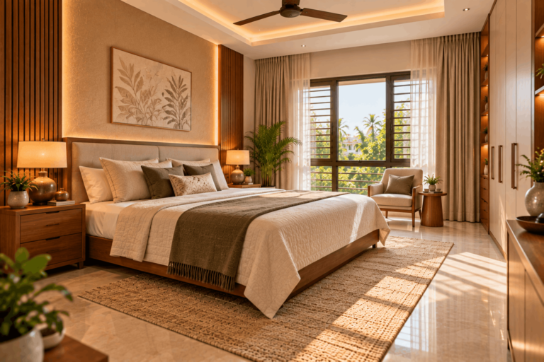 Peaceful bedroom Vastu design with warm lighting, natural colours and clutter-free layout