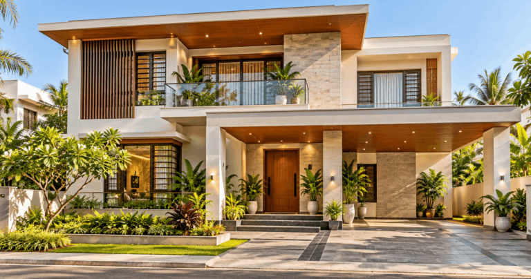 Modern south-facing house with shaded entrance and landscaped outdoor area