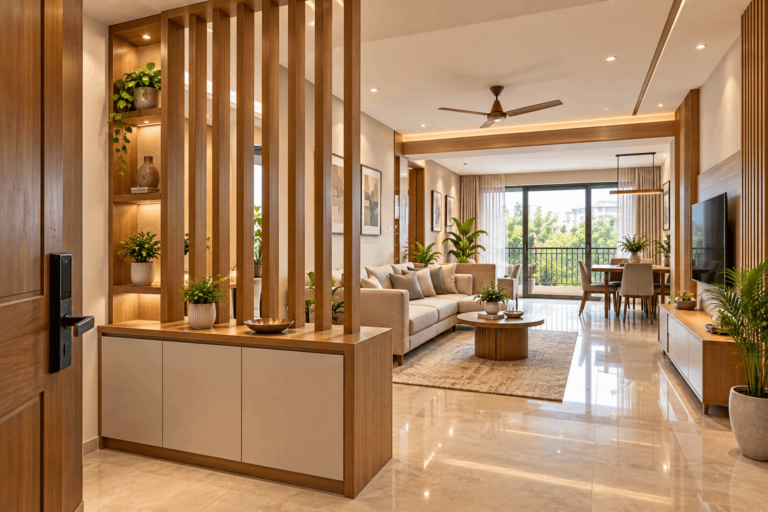 Space-saving wooden hall partition with storage in a modern Madurai apartment